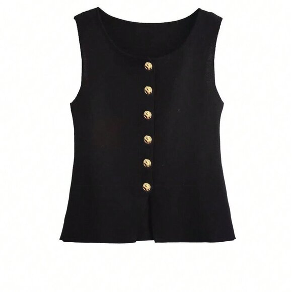 Black Casual Women's Metal Button Open Front Sleeveless Jacket - Picture 4 of 9